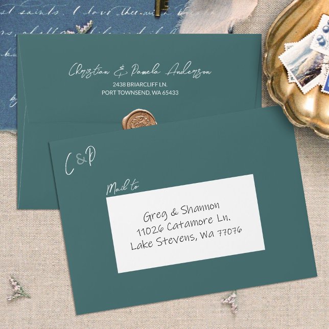 Winter Green Pre-addressed Monogram Wedding Envelope (Forest hunter green wedding envelopes with return address printed on back Addressed wedding envelope)