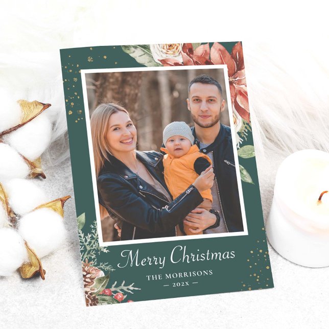 Winter Green Red Floral Merry Christmas Photo  Holiday Card (Creator Uploaded)