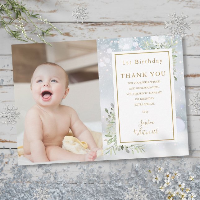 Winter Greenery 1st Birthday Photo Thank You Card (Winter Greenery 1st Birthday Photo Thank You Card)