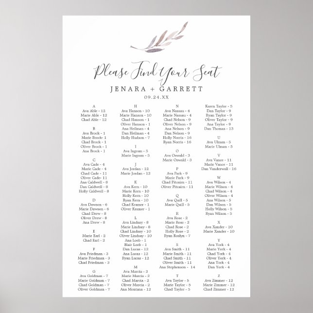 Winter Greenery Alphabetical Seating Chart (Front)