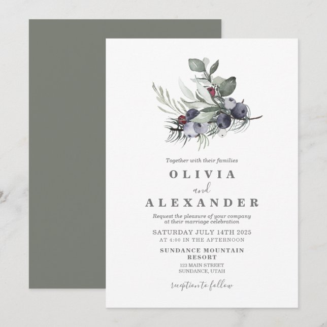 Winter Greenery and Berries wedding Invitation (Front/Back)