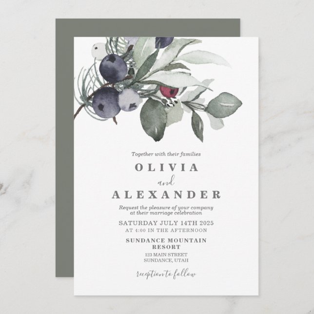 Winter Greenery and Berries wedding Invitation (Front/Back)
