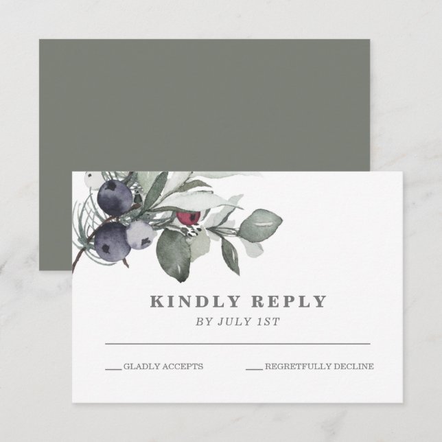 Winter Greenery and Berries wedding RSVP Card (Front/Back)
