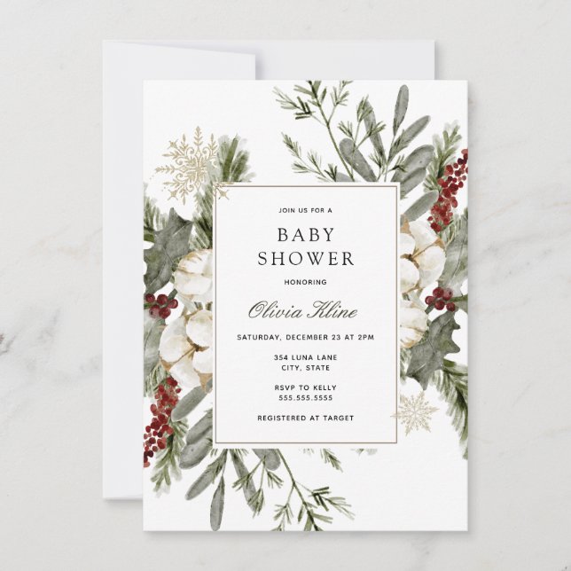 Winter Greenery and Florals Baby Shower Invitation (Front)