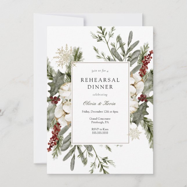 Winter Greenery and Florals Rehearsal Dinner Invitation (Front)