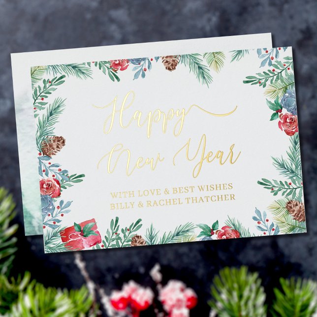 Winter Greenery and Pine Cone Happy New Year Gold Foil Holiday Card (Creator Uploaded)