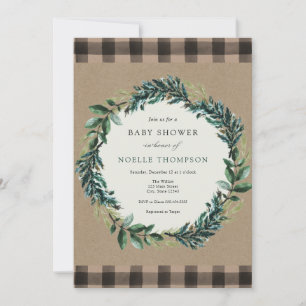 Winter Greenery and Plaid Baby Shower Invitation