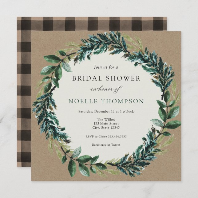 Winter Greenery and Plaid Bridal Shower Invitation (Front/Back)