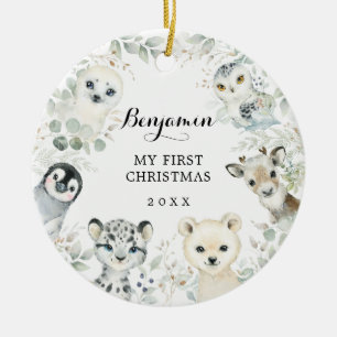 Winter Greenery Arctic Animals Baby 1st Christmas Ceramic Tree Decoration