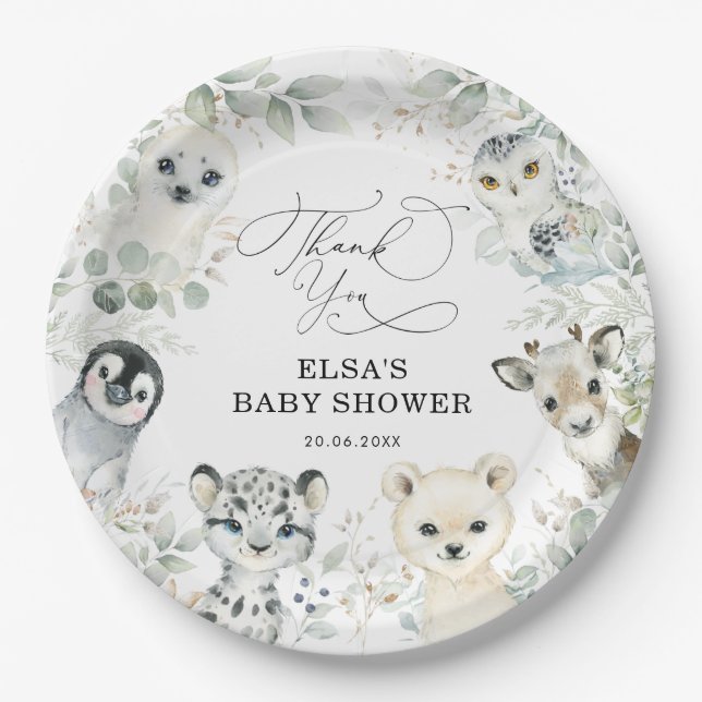 Winter Greenery Arctic Animals Neutral Baby Shower Paper Plate (Front)