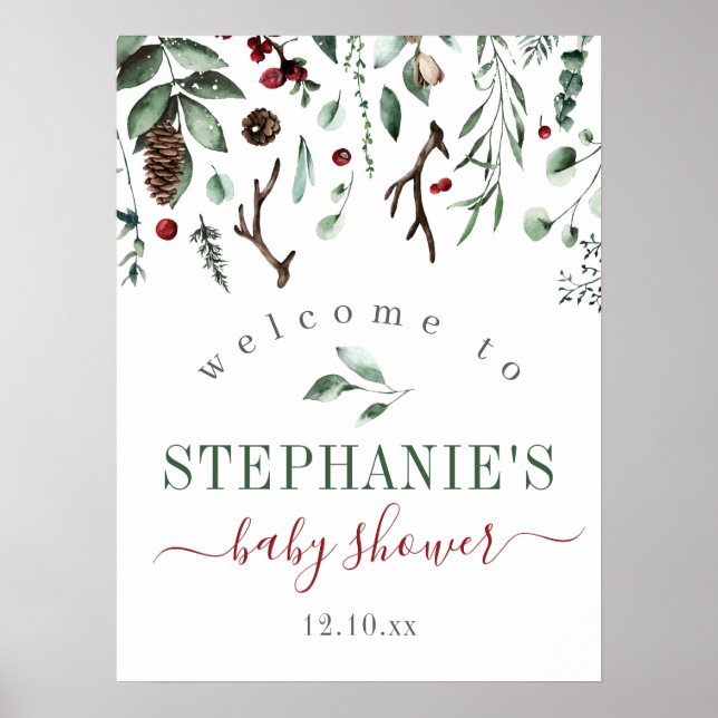 Winter Greenery Baby or Bridal Shower Welcome Sign (Front)