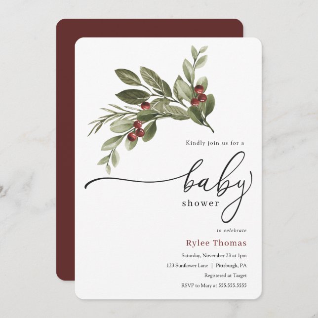 Winter Greenery Baby Shower Invitation (Front/Back)