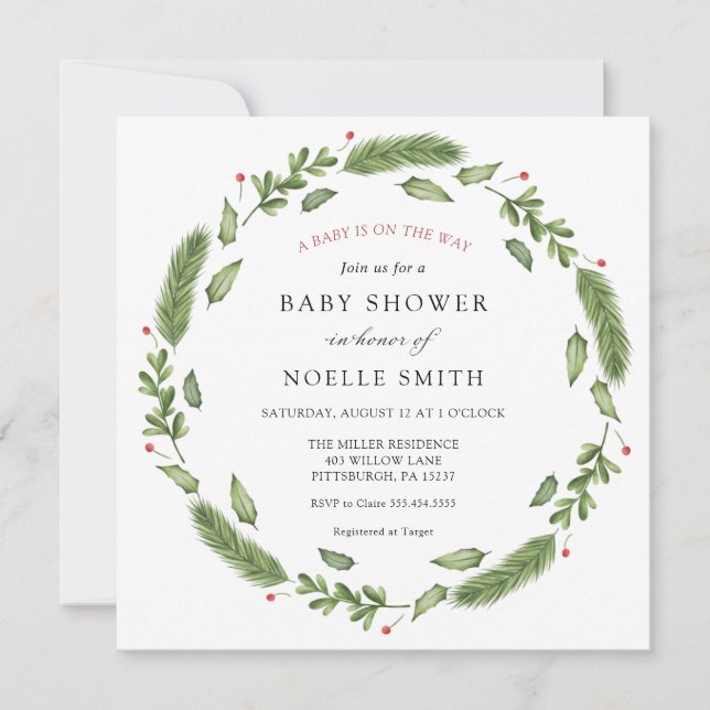 Winter Greenery Baby Shower Invitation (Front)
