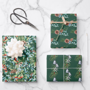 Winter Greenery, Bells and Pinecone Christmas Wrapping Paper Sheet
