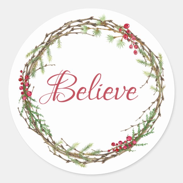 Winter Greenery Berries Wreath Christmas Believe Classic Round Sticker (Front)