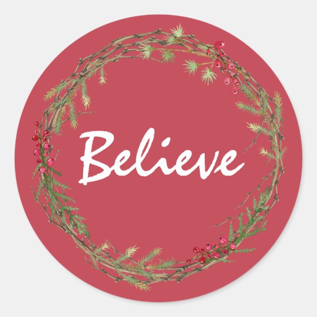Winter Greenery Berries Wreath Christmas Believe Classic Round Sticker (Front)
