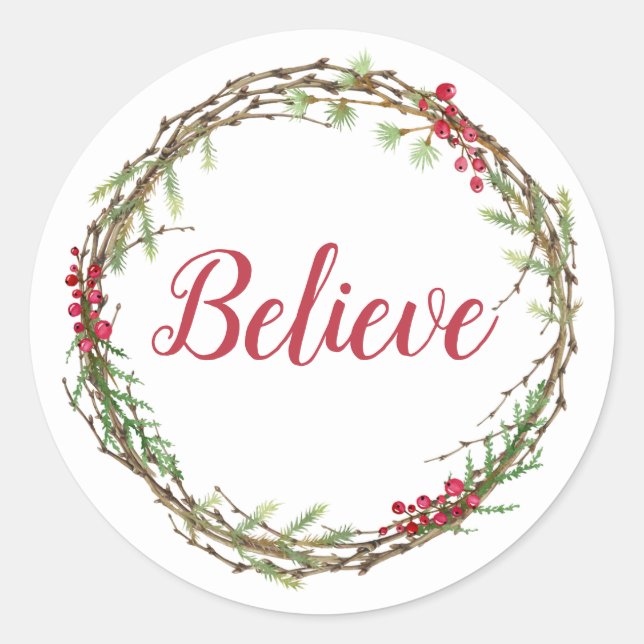 Winter Greenery Berries Wreath Christmas Believe Classic Round Sticker (Front)