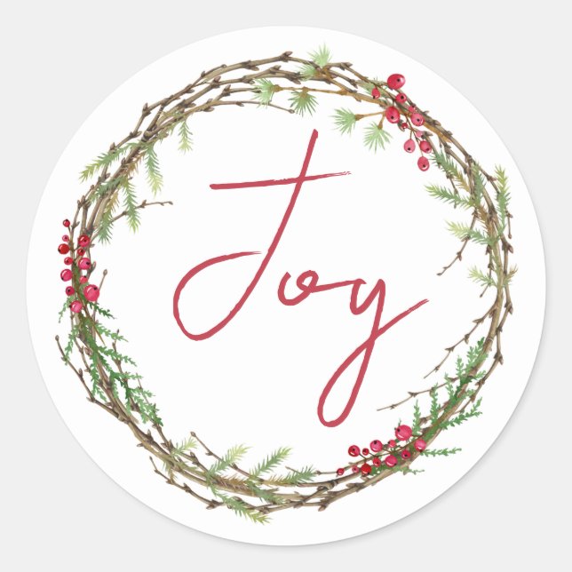 Winter Greenery Berries Wreath Christmas Joy  Classic Round Sticker (Front)