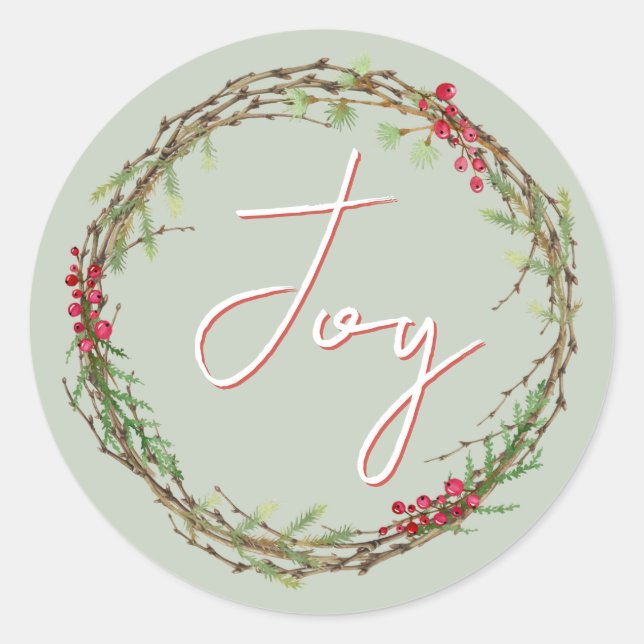 Winter Greenery Berries Wreath Christmas Joy  Classic Round Sticker (Front)