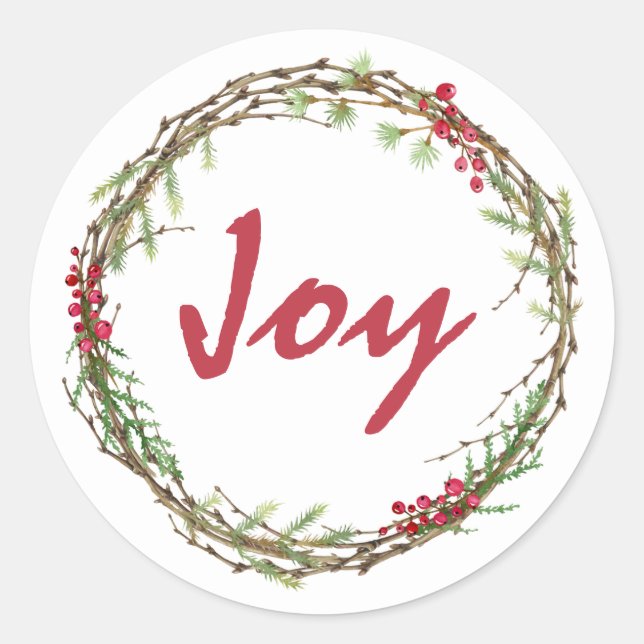 Winter Greenery Berries Wreath Christmas Joy Classic Round Sticker (Front)