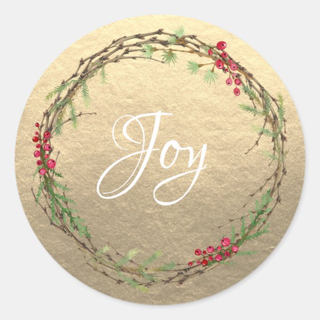 Winter Greenery Berries Wreath Christmas Joy Gold Classic Round Sticker (Front)