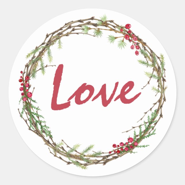 Winter Greenery Berries Wreath Christmas Love Classic Round Sticker (Front)