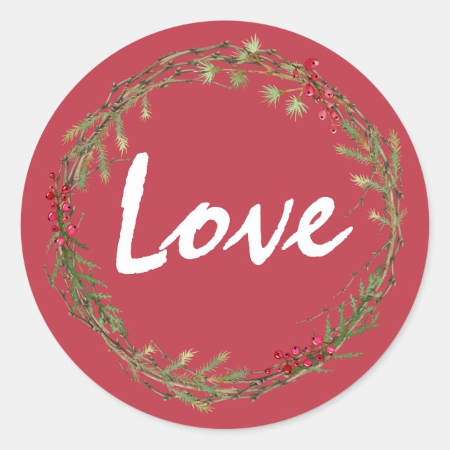 Winter Greenery Berries Wreath Christmas Love Classic Round Sticker (Front)