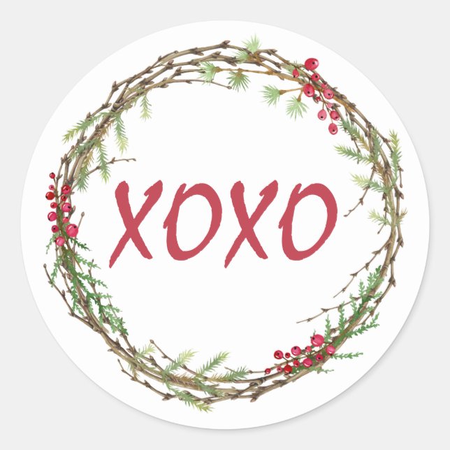 Winter Greenery Berries Wreath Christmas XOXO Classic Round Sticker (Front)