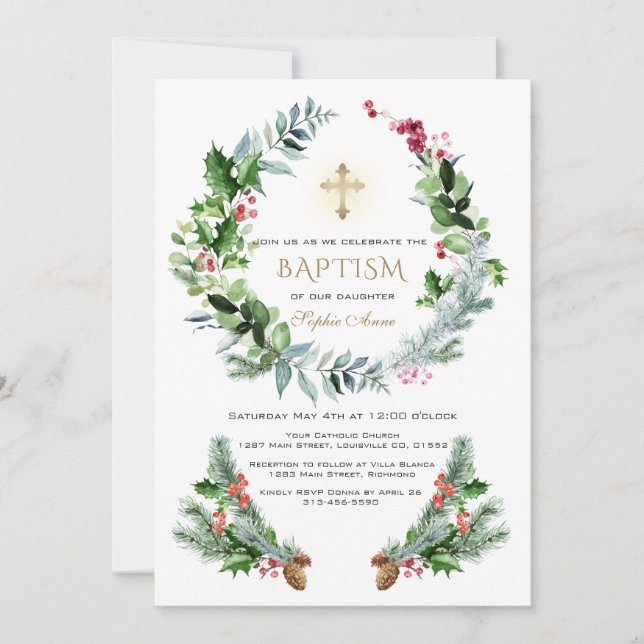 Winter Greenery Berry Cone Gold Cross Baptism Invitation (Front)