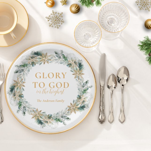 Winter Greenery Bible Verse Religious Christmas Paper Plate (Religious Christmas paper plate with Glory to God Bible verse and winter greenery)