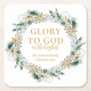 Winter Greenery Bible Verse Religious Christmas Square Paper Coaster