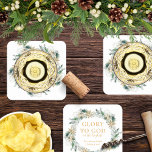 Winter Greenery Bible Verse Religious Christmas Square Paper Coaster<br><div class="desc">Add a modern and spiritual touch to your Christmas season with these religious paper coasters featuring the Bible verse "Glory to God in the highest" (Luke 2:14) framed by a wreath of delicately hued winter greenery, pine branches, berries and gold snowflakes. Your family name and the year is printed in...</div>