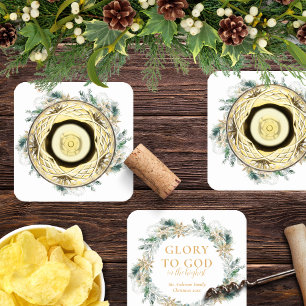 Winter Greenery Bible Verse Religious Christmas Square Paper Coaster
