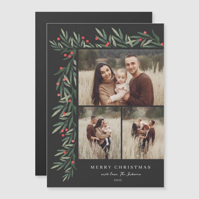 Winter Greenery Black 3 Photo Christmas (Front/Back)