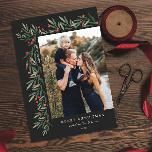Winter Greenery Black Photo Christmas Holiday Card