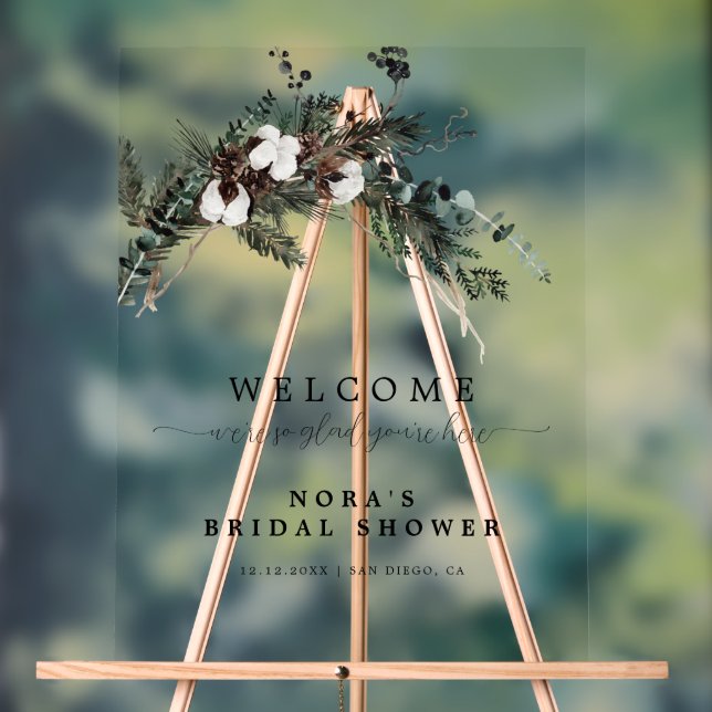 Winter Greenery Bouquet Bridal Shower Welcome Acrylic Sign (Neutral)