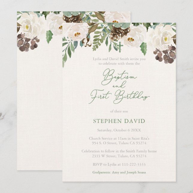 Winter Greenery Boy Baptism 1st Birthday Party Invitation (Front/Back)