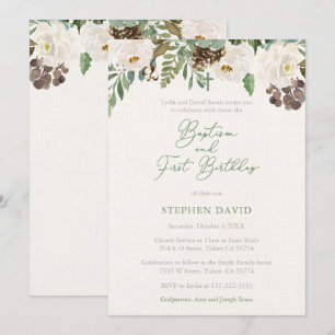 Winter Greenery Boy Baptism 1st Birthday Party Invitation