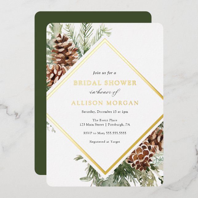 Winter Greenery Bridal Shower Foil Invitation (Front/Back)