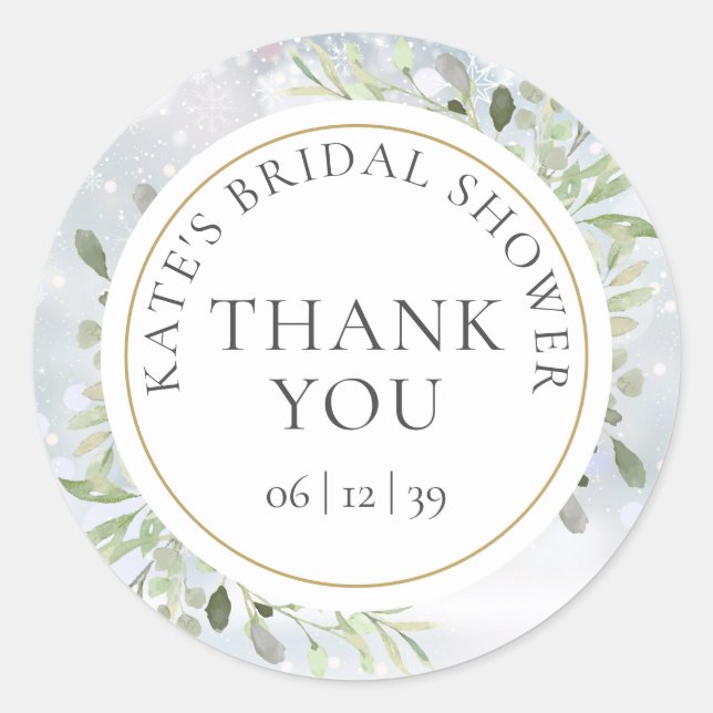 Winter Greenery Bridal Shower Thank You Favor Classic Round Sticker (Front)