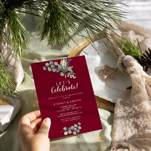Winter Greenery Burgundy Let's Celebrate Party  Invitation