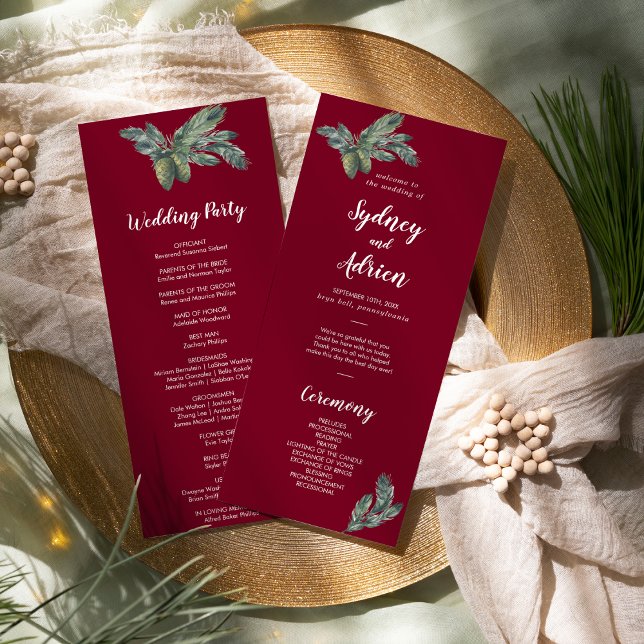 Winter Greenery Burgundy Wedding Program Programme (Creator Uploaded)