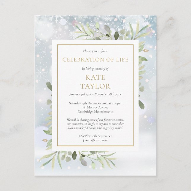 Winter Greenery Celebration of Life Funeral Announcement Postcard (Front)