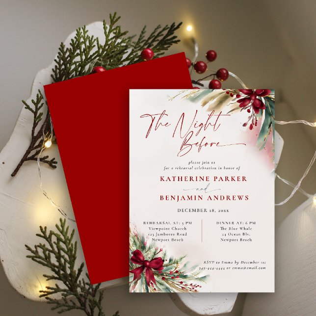 Winter Greenery Christmas Bow Wedding Rehearsal Invitation (winter christmas wedding rehearsal dinner invitation greenery botanical berries red green watercolor)