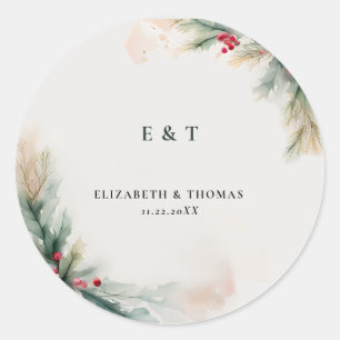 Winter Greenery Christmas Green Rustic Wedding Classic Round Sticker