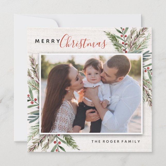 Winter Greenery Christmas Photo Card (Front)