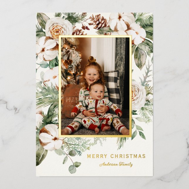 Winter Greenery Christmas Photo Foil Holiday Card (Front)