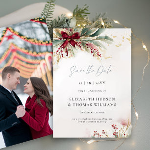 Winter Greenery Christmas Red Bow Wedding Save The Date