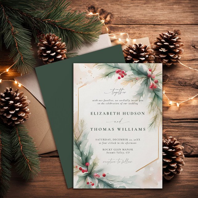 Winter Greenery Christmas Red Elegant Wedding Invitation (winter wedding invitation christmas berries elegant rustic modern classic watercolor calligraphy)