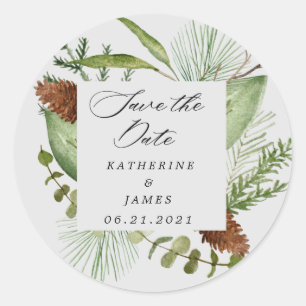 winter greenery elegant save the date classic round sticker